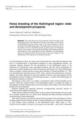 Horse Breeding of the Kaliningrad Region: State and Development Prospects