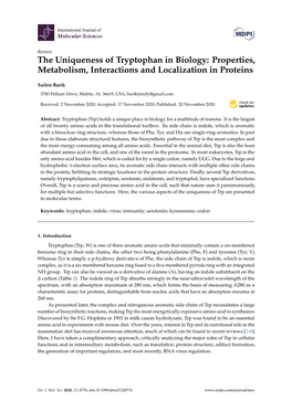 The Uniqueness of Tryptophan in Biology: Properties, Metabolism, Interactions and Localization in Proteins