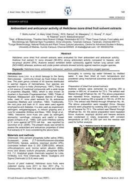 Antioxidant and Anticancer Activity of Helicteres Isora Dried Fruit Solvent Extracts