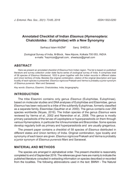 Annotated Checklist of Indian Elasmus (Hymenoptera: Chalcidoidea : Eulophidae) with a New Synonymy