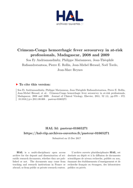 Crimean-Congo Hemorrhagic Fever Serosurvey in At-Risk Professionals, Madagascar, 2008 and 2009