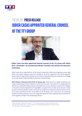 Press Release Didier Casas Appointed General Counsel of the Tf1 Group