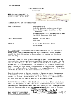 Memorandum of Conversation Between Shah of Iran, Henry A. Kissinger, and Richard Helms, July 27, 1973