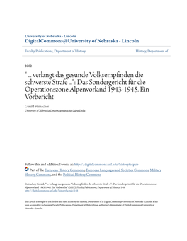 Das Sondergericht Für Die Operationszone Alpenvorland 1943-1945. Ein Vorbericht Gerald Steinacher University of Nebraska-Lincoln, Gsteinacher2@Unl.Edu