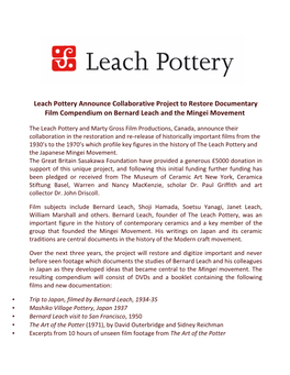 Leach Pottery Announce Collaborative Project to Restore Documentary Film Compendium on Bernard Leach and the Mingei Movement