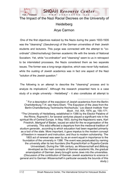 The Impact of the Nazi Racial Decrees on the University of Heidelberg Arye Carmon