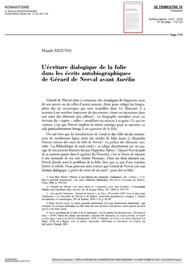 L'écriture Dialogique De La Folie Dans Les Écrits Autobiographiques De Gérard De Nerval Avant Aurélia