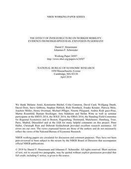 NBER WORKING PAPER SERIES the EFFECT of INFRASTRUCTURE on WORKER MOBILITY: EVIDENCE from HIGH-SPEED RAIL EXPANSION in GERMANY Da