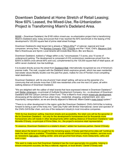 Downtown Dadeland at Home Stretch of Retail Leasing; Now 60% Leased, the Mixed-Use, Re-Urbanization Project Is Transforming Miami's Dadeland Area
