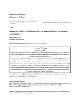 Adolescent Health in the Hunter Region: a Survey of Student Perceptions and Concerns