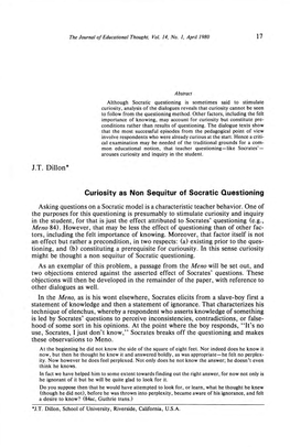 J.T. Dillon* Curiosity As Non Sequitur of Socratic Questioning