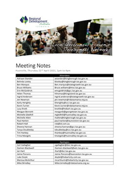 Meeting Notes Huonville, Thursday 22 Nd April 2021, 1Pm to 4Pm