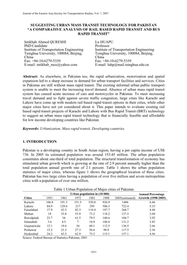 Suggesting Urban Mass Transit Technology for Pakistan “A Comparative Analysis of Rail Based Rapid Transit and Bus Rapid Transit”