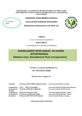 RUISSELLEMENT INTER-ANNUEL EN ALGERIE SEPTENTRIONALE (Relation Entre, Ruissellement Pluie Et Evaporation)