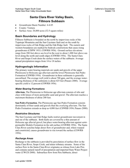 Santa Clara River Valley Basin, Fillmore Subbasin • Groundwater Basin Number: 4-4.05 • County: Ventura • Surface Area: 20,800 Acres (32.5 Square Miles)
