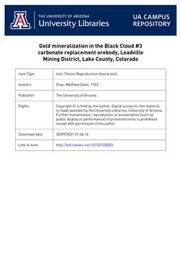 Gold Mineralization in the Black Cloud #3 Carbonate Replacement Orebody, Leadville Mining District, Lake County, Colorado