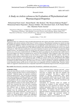 Ardisia Solanacea for Evaluation of Phytochemical and Pharmacological Properties