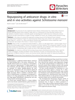 Repurposing of Anticancer Drugs: in Vitro and in Vivo Activities Against Schistosoma Mansoni Noemi Cowan1,2 and Jennifer Keiser1,2*