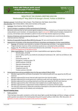 MINUTES of the COUNCIL MEETING HELD on Wednesday 8Th May 2019 in St George’S Church, Trotton at 20:00 Hrs