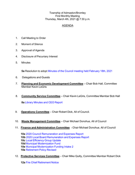 Township of Admaston/Bromley First Monthly Meeting Thursday, March 4Th, 2021 @ 7:30 P.M