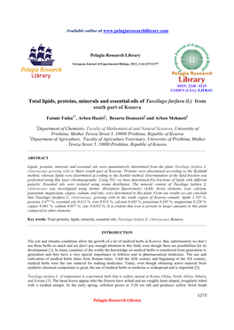 Total Lipids, Proteins, Minerals and Essential Oils of Tussilago Farfara (L.) from South Part of Kosova