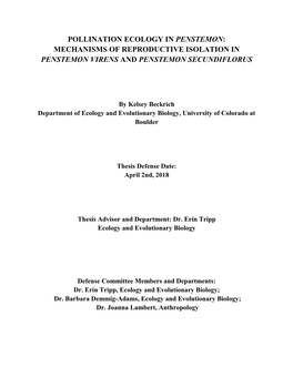 Pollination Ecology in Penstemon: Mechanisms of Reproductive Isolation in Penstemon Virens and Penstemon Secundiflorus