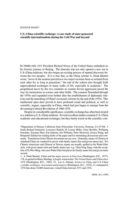 U.S.-China Scientific Exchange: a Case Study of State-Sponsored Scientific Internationalism During the Cold War and Beyond