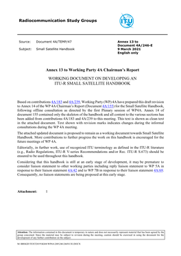 Working Document on Developing an ITU-R Small Satellite HB WP 4A