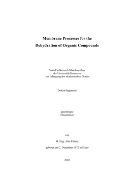 Membrane Processes for the Dehydration of Organic Compounds