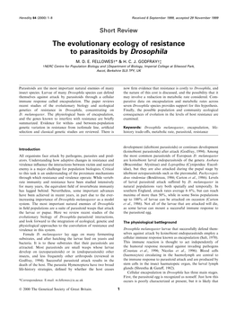 The Evolutionary Ecology of Resistance to Parasitoids by Drosophila