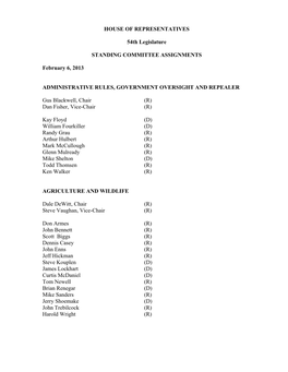 HOUSE of REPRESENTATIVES 54Th Legislature STANDING COMMITTEE