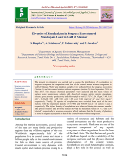 Diversity of Zooplankton in Seagrass Ecosystem of Mandapam Coast in Gulf of Mannar