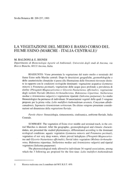 La Vegetazione Del Medio E Basso Corso Del Fiume Esino (Marche