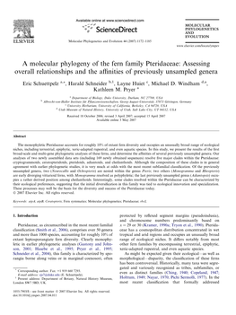 A Molecular Phylogeny of the Fern Family Pteridaceae: Assessing Overall Relationships and the Aﬃnities of Previously Unsampled Genera