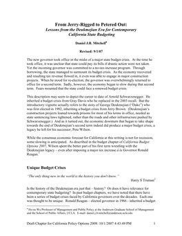 From Jerry-Rigged to Petered Out: Lessons from the Deukmejian Era for Contemporary California State Budgeting