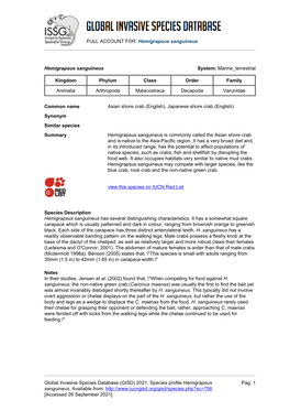 (GISD) 2021. Species Profile Hemigrapsus Sanguineus. A