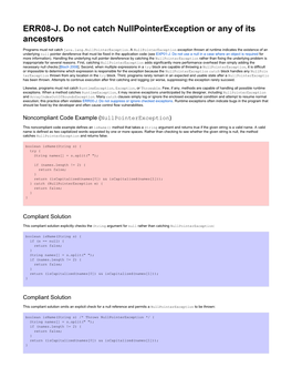 ERR08-J. Do Not Catch Nullpointerexception Or Any of Its Ancestors