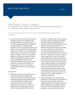 Does Volcker + Vickers = Liikanen? EU PROPOSAL for a REGULATION on STRUCTURAL MEASURES IMPROVING the RESILIENCE of EU CREDIT INSTITUTIONS