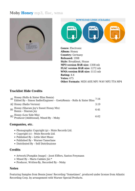 Moby Honey Mp3, Flac, Wma