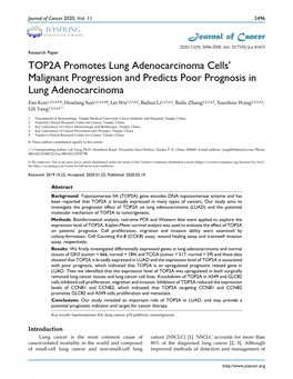 TOP2A Promotes Lung Adenocarcinoma Cells' Malignant Progression and Predicts Poor Prognosis in Lung Adenocarcinoma