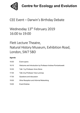 Darwin's Birthday Debate Wednesday 13Th February 2019 16:00 To