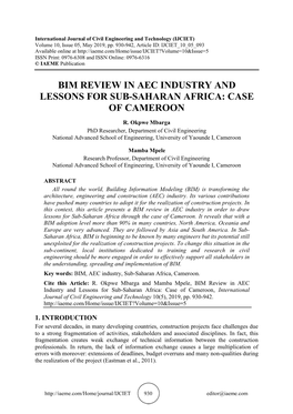 Bim Review in Aec Industry and Lessons for Sub-Saharan Africa: Case of Cameroon