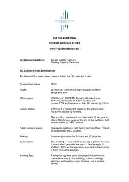 103 COLMORE ROW SCHEME BRIEFING SHEET Development Partners: Tristan Capital Partners Sterling Property V