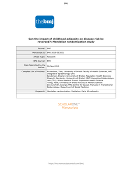 Confidential: for Review Only Can the Impact of Childhood Adiposity on Disease Risk Be Reversed?: Mendelian Randomization Study