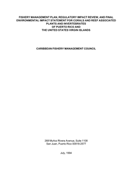 Fishery Management Plan, Regulatory Impact Review, and Final