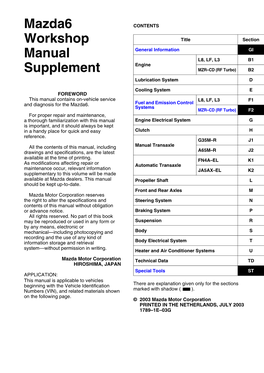 Mazda6 Workshop Manual Supplement (European (L.H.D