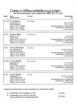 Eschäftsverteilun9spian Der Gerichtsvollzieher Des Amtsgerichts Fri Liar a 01.01.2021 Bezirk Name Vertreter Sprechzeiten Dienstanschrift Ort