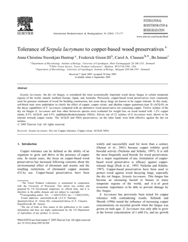 Serpula Lacrymans to Copper-Based Wood Preservatives V Anne Christine Steenkjær Hastrup a , Frederick Green III B, Carol A