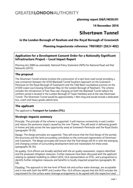 Silvertown Tunnel in the London Borough of Newham and the Royal Borough of Greenwich Planning Inspectorate Reference: TR010021 (SILV-402)