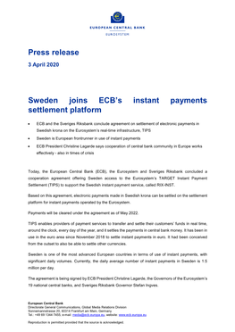 Sweden Joins ECB's Instant Payments Settlement Platform